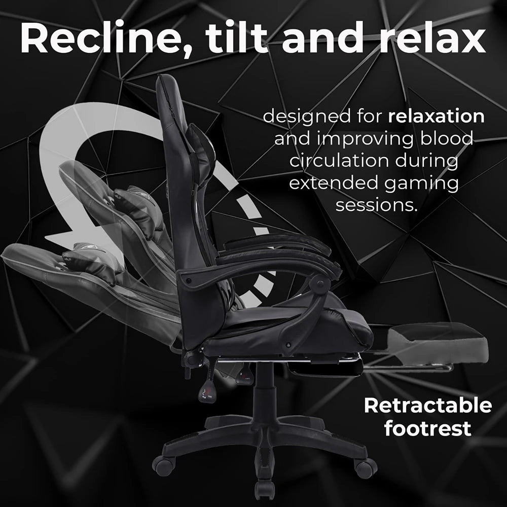 Black Gaming Chair with Footrest Leather Ergonomic Swivel Racing Style Computer