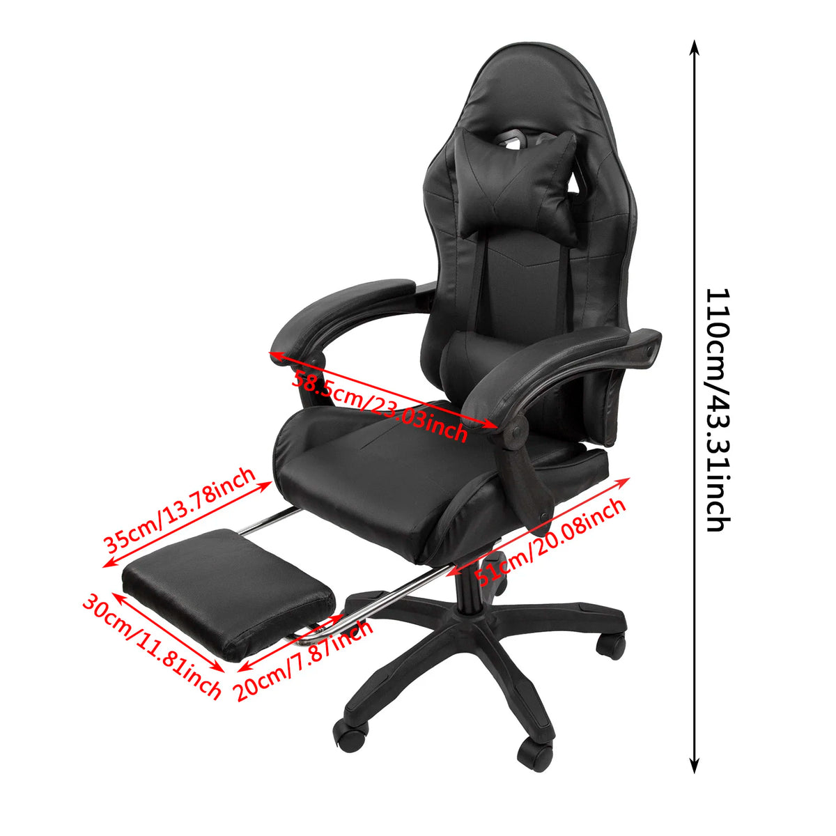 Black Gaming Chair with Footrest Leather Ergonomic Swivel Racing Style Computer