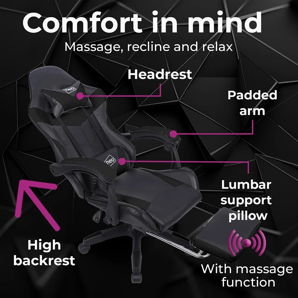 Black Gaming Chair with Footrest Leather Ergonomic Swivel Racing Style Computer
