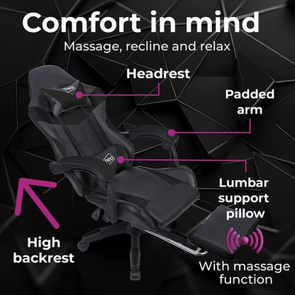 Black Gaming Chair with Footrest Leather Ergonomic Swivel Racing Style Computer